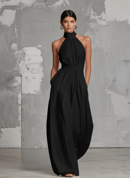 Women's Halter Neck Wide Leg Linen Jumpsuit with Belted Waist