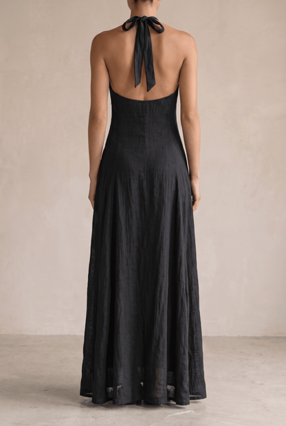 Halter Neck Linen Blend Sleeveless Summer Maxi Dress