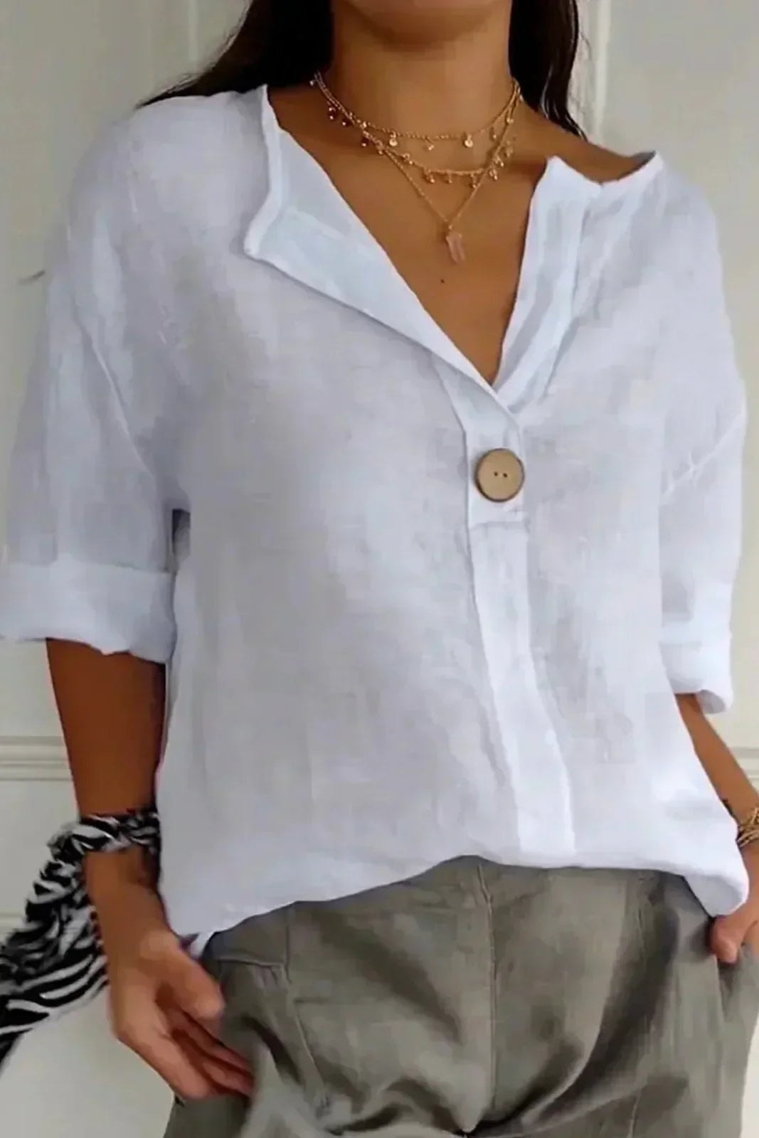 Natasha Linen Blouse with V-Neck Single Button and Rolled Sleeves
