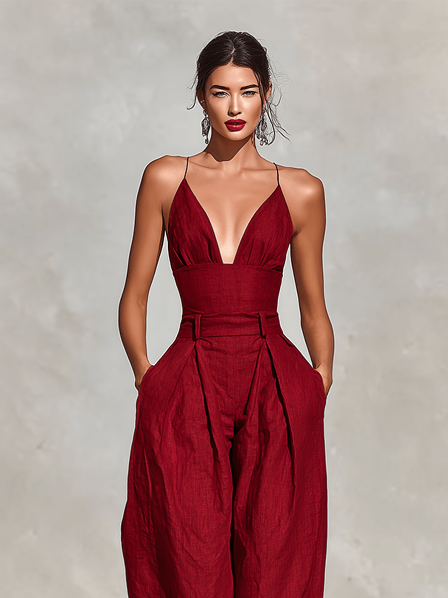 Women's Wide-Leg Linen-Blend Jumpsuit with Deep V Neckline
