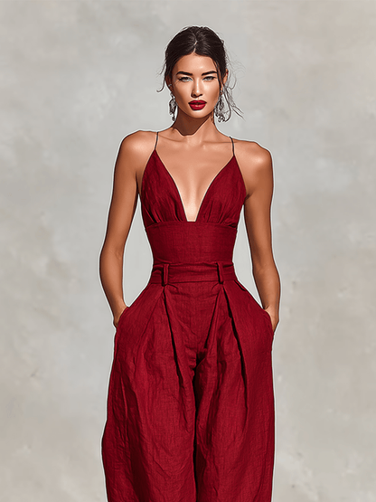 Women's Wide-Leg Linen-Blend Jumpsuit with Deep V Neckline