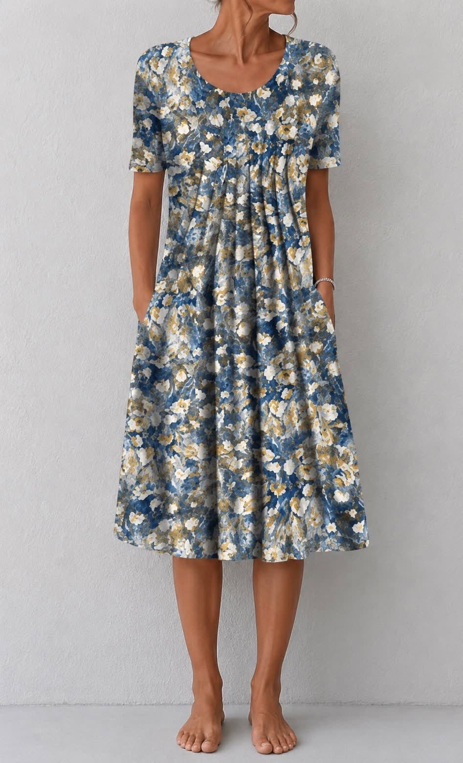 Erin Floral Print Short-Sleeve Women's Midi Dress with Pockets