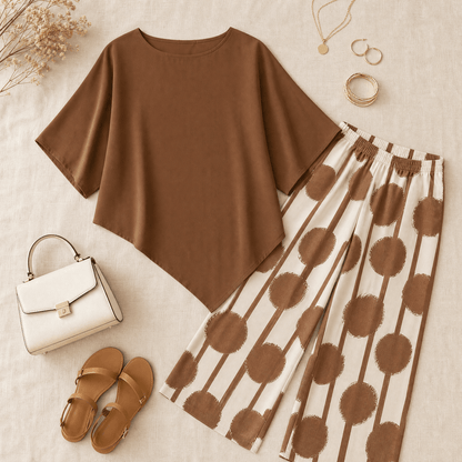 Women's Matching Two-Piece Set with Asymmetric Hem Top and Printed Wide-Leg Pants