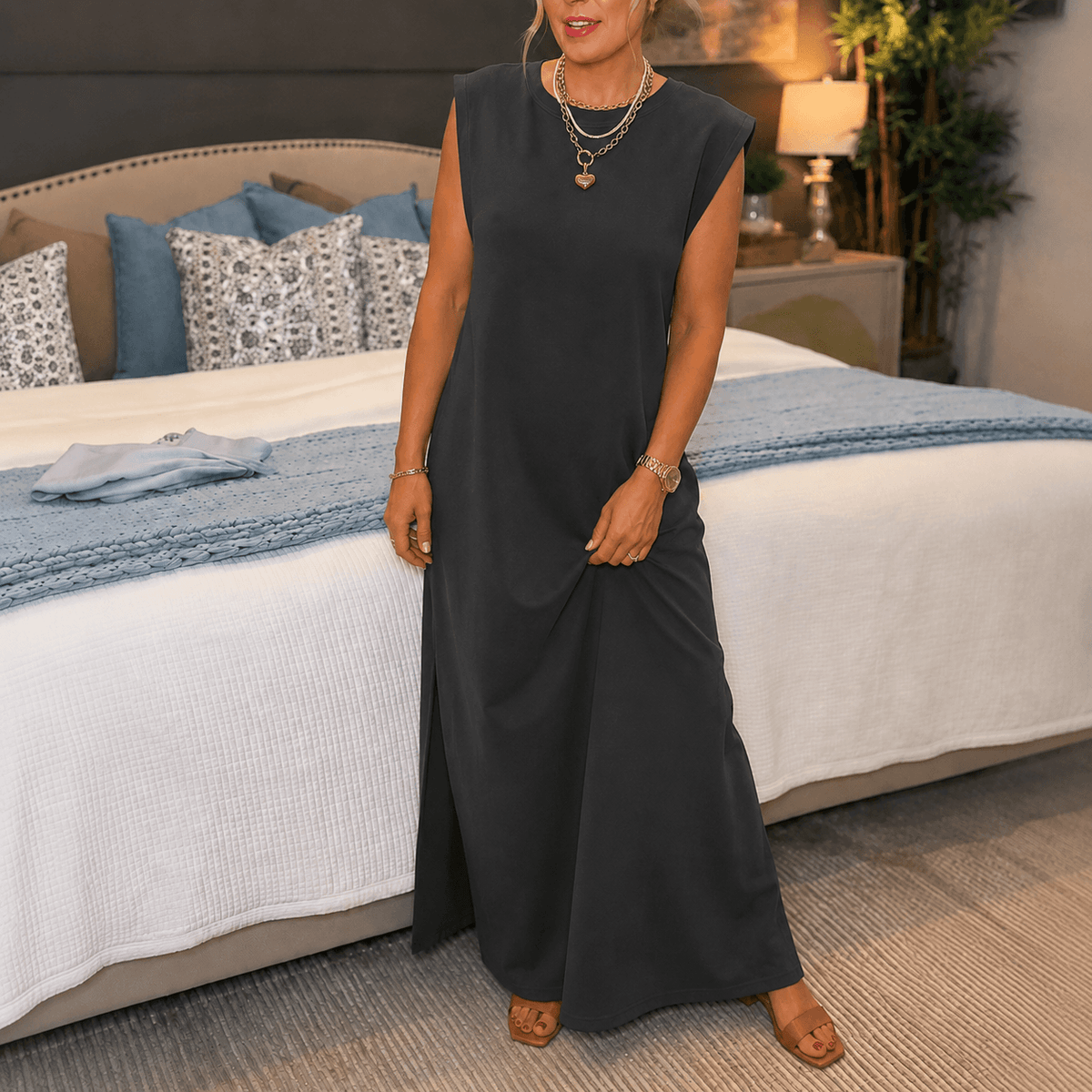 Marella Sleeveless Wrinkle-Free Split-Hem Summer Midi Dress with Pockets