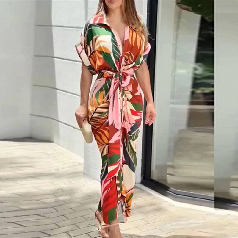 Veronica Floral Midi Shirt Dress with Tie Waist and Button-Down Front