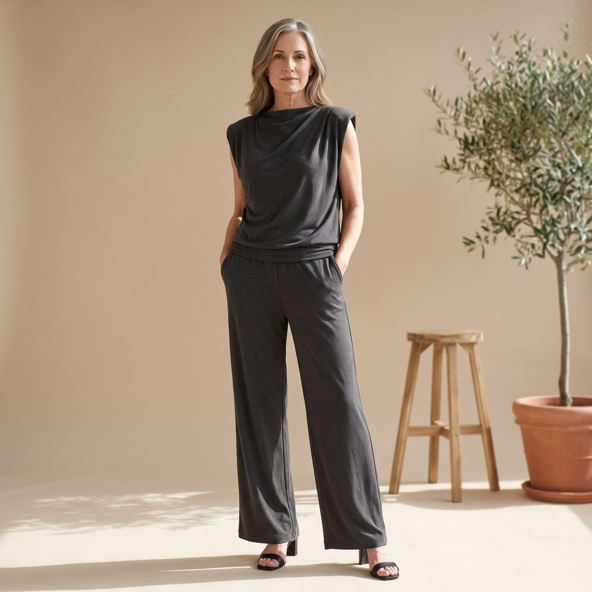 Women's Matching Two-Piece Set with Draped Cowl Neck Top and Wide-Leg Pants
