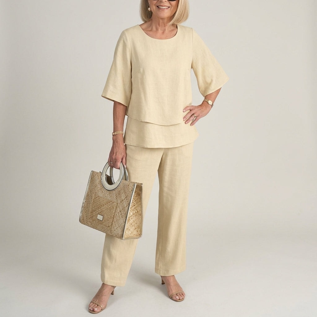 Women's Matching Two-Piece Set with Layered Flutter Top and Wide-Leg Pants