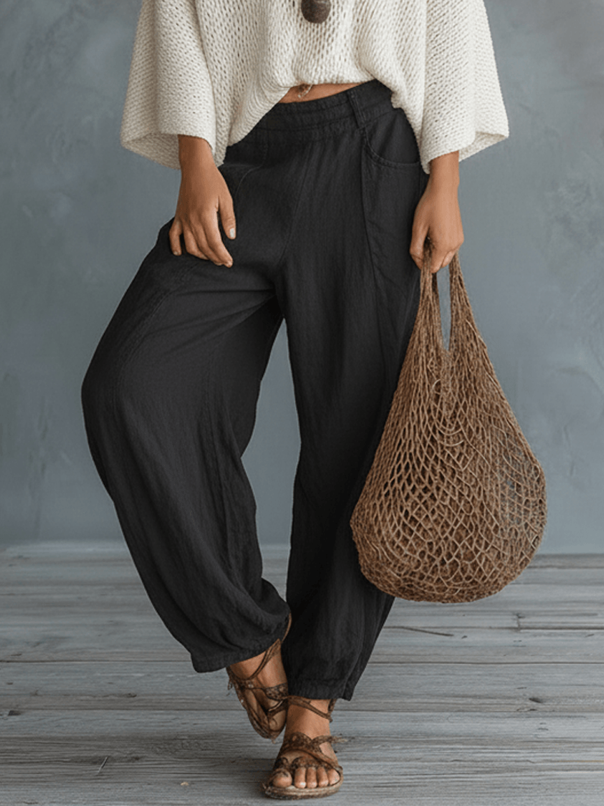 Vyndora Linen Two-Piece Matching Set with Knit V-Neck Top and Wide-Leg Pants