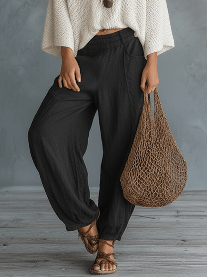 Vyndora Linen Two-Piece Matching Set with Knit V-Neck Top and Wide-Leg Pants