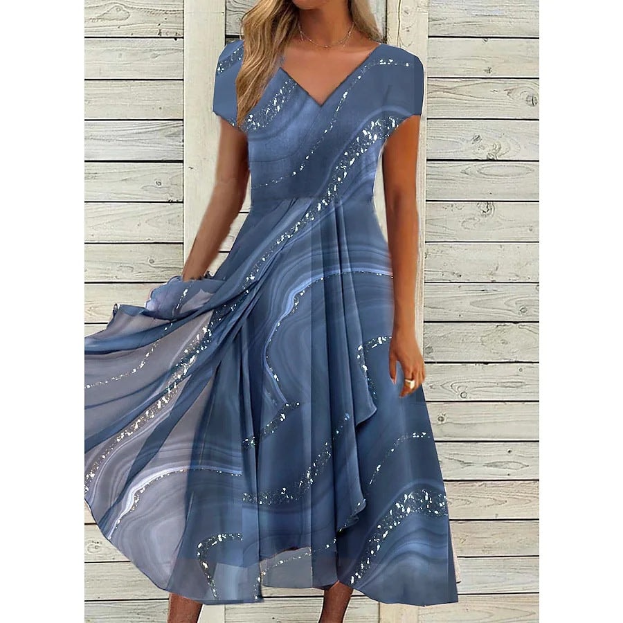 Surplice V-Neck Wrap Midi Dress with Asymmetrical Hemline
