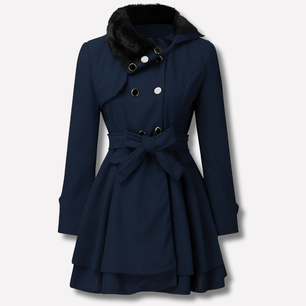 Fit and Flare Wool Blend Pea Coat with Belted Waist and Faux Fur Collar