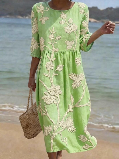 Floral Embroidered Three-Quarter Sleeve Midi Dress for Women