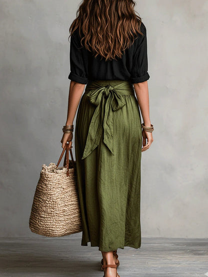 Women's Belted Two-Piece Shirt and Midi Skirt Set