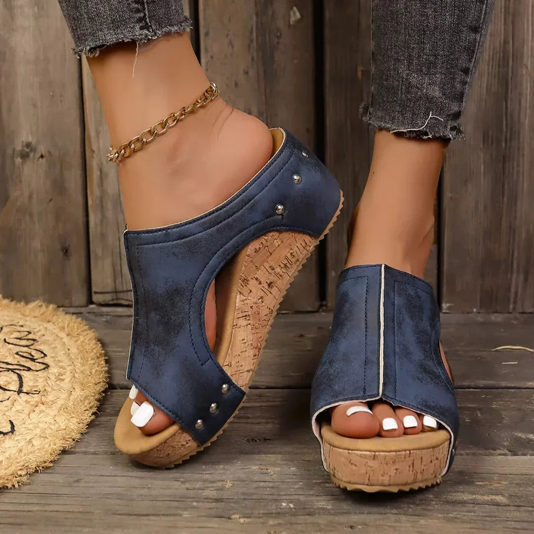 Studded Platform Wedge Sandals with Open Toe and Side Cutouts