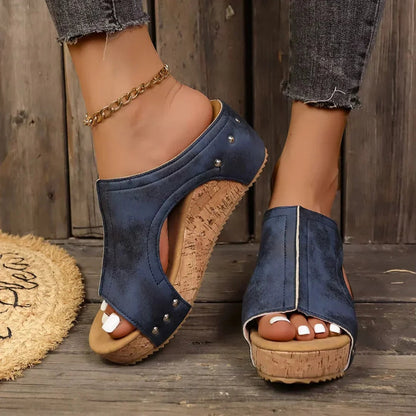 Studded Platform Wedge Sandals with Open Toe and Side Cutouts