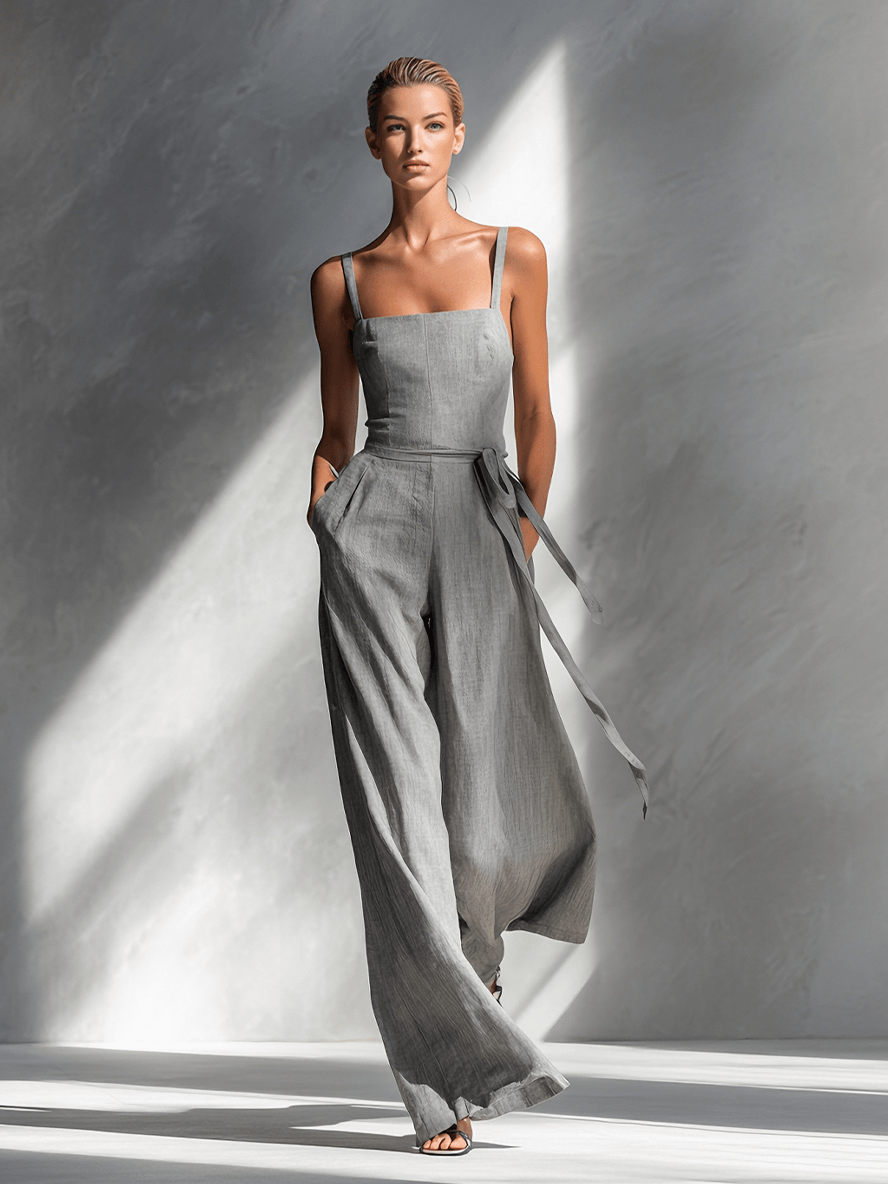 Women's Wide-Leg Tie-Waist Linen Jumpsuit with Adjustable Straps