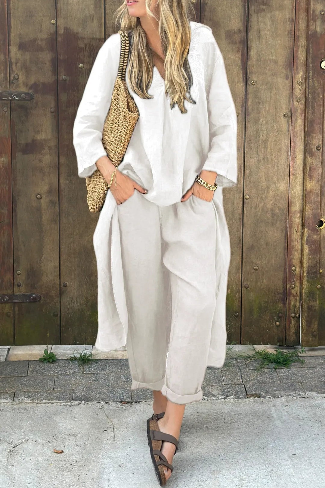 Vimosa Relaxed Linen Co-Ord Set with Longline V-Neck Top and Wide-Leg Pants