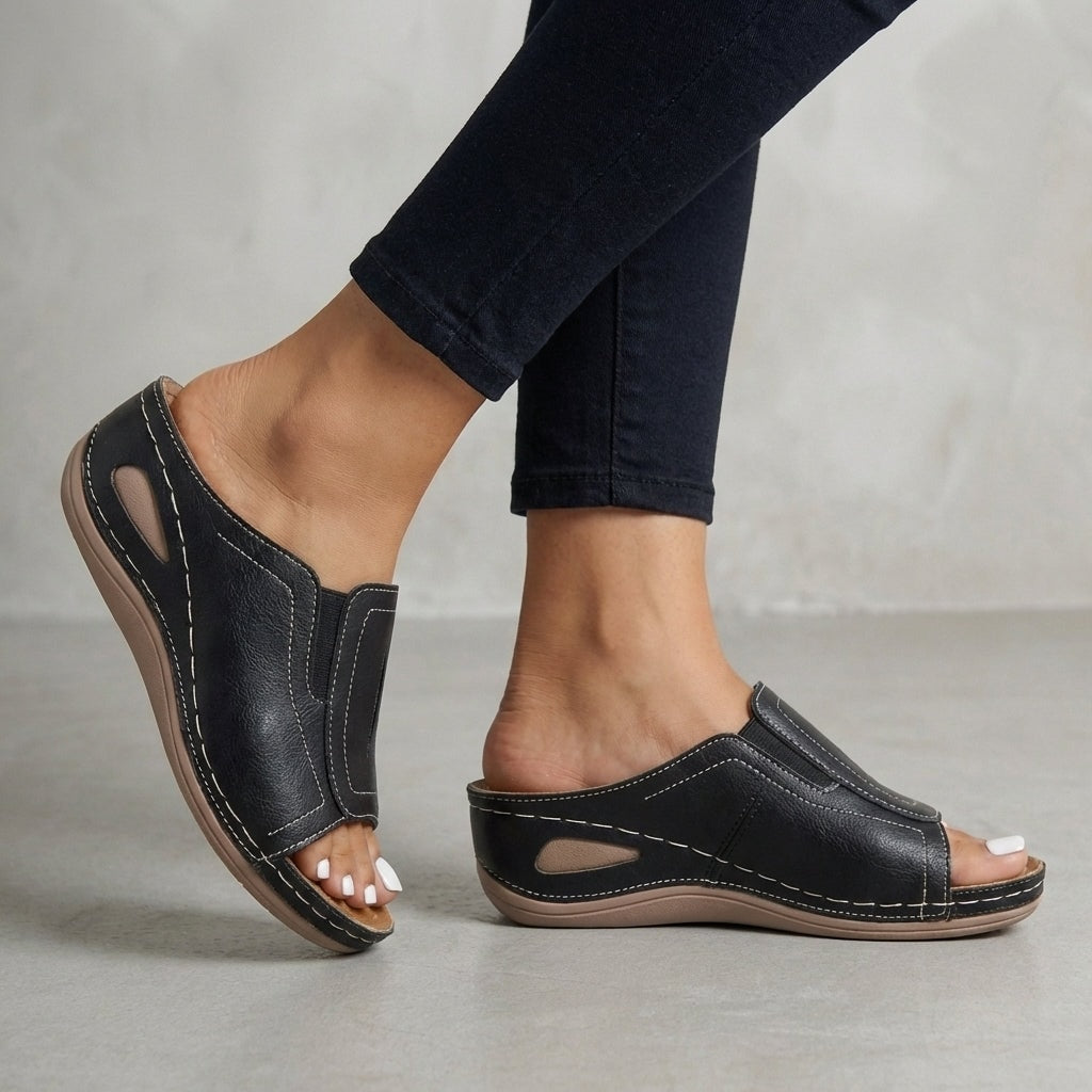 Penelope Ergonomic Slip-On Wedge Sandals with Open Toe and Cutout Detail