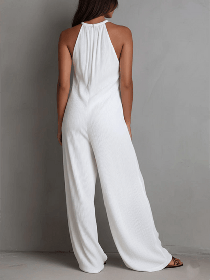 Women's Halter Neck Wide-Leg Linen Jumpsuit with Pockets
