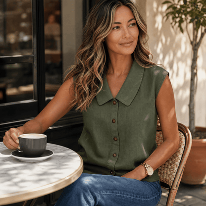 Women's Collared Sleeveless Button-Up Blouse with V-Neck