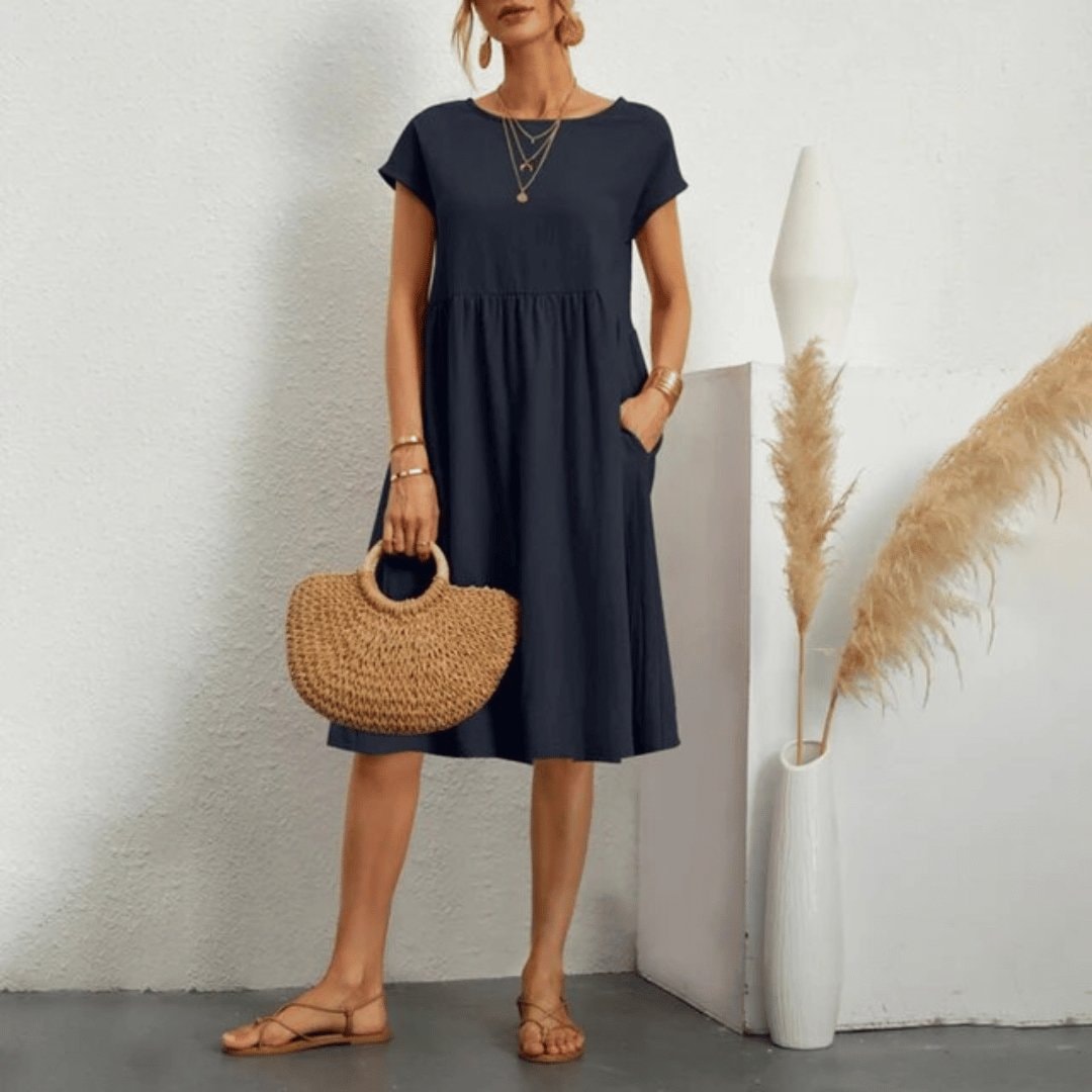 Savanna Relaxed Cotton Blend Women's Midi Dress with Pockets