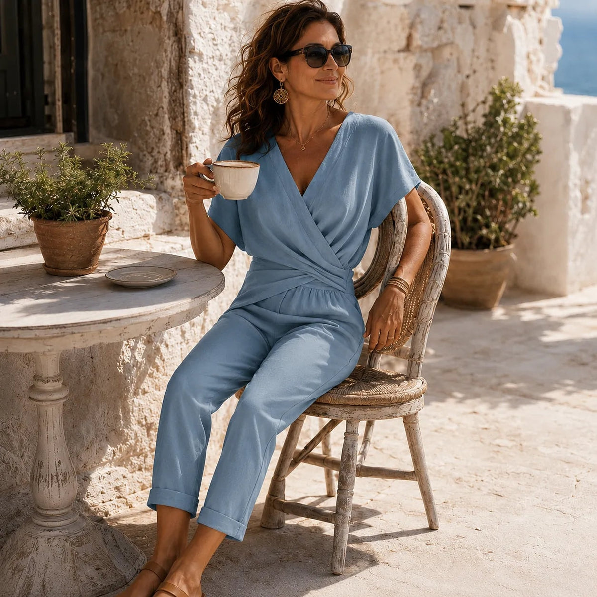 Solene Twist-Front Wrap Jumpsuit with Cropped Capri Leg for Women