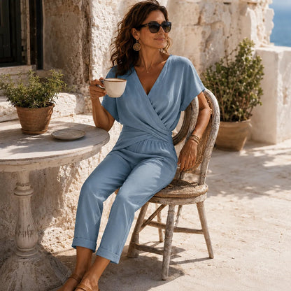 Solene Twist-Front Wrap Jumpsuit with Cropped Capri Leg for Women