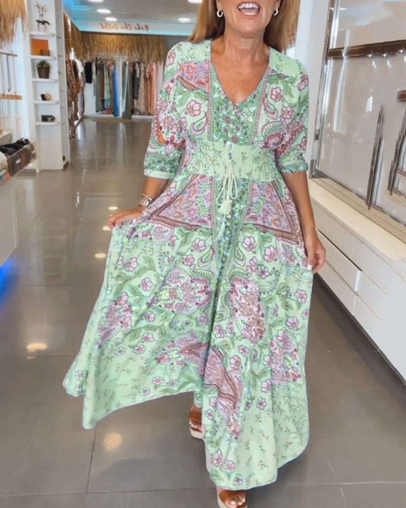 Alira Paisley Floral V-Neck Maxi Dress with Tie Waist for Women