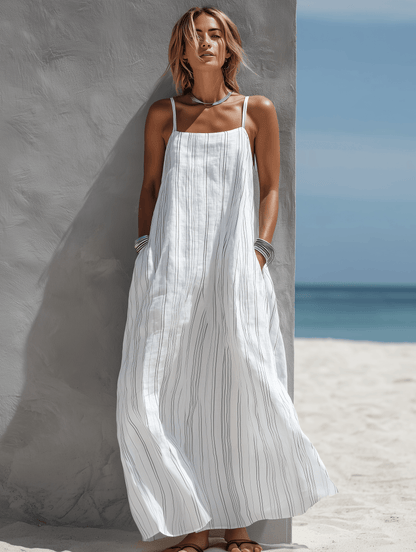 Vertical Striped Loose Woven Summer Maxi Dress with Spaghetti Straps