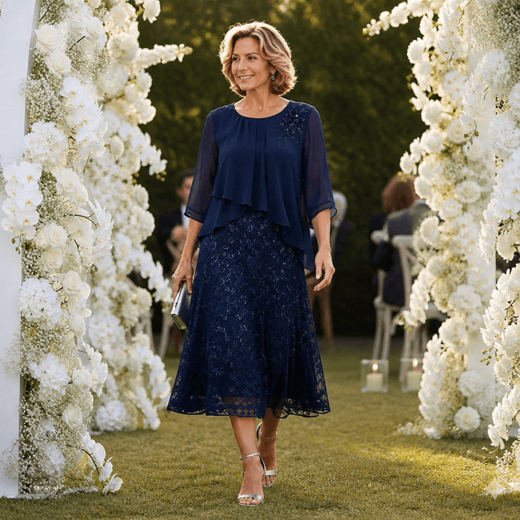 Elavine Layered Chiffon Lace Overlay Women's Midi Dress with Sheer Sleeves