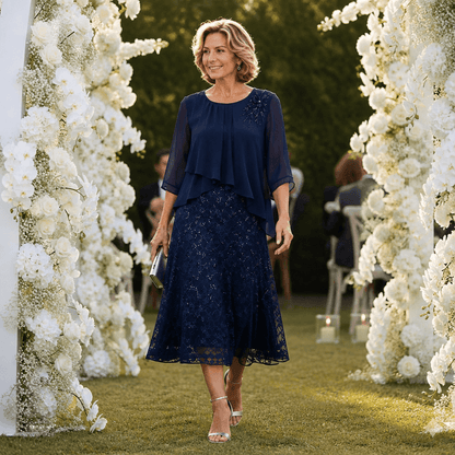 Elavine Layered Chiffon Lace Overlay Women's Midi Dress with Sheer Sleeves
