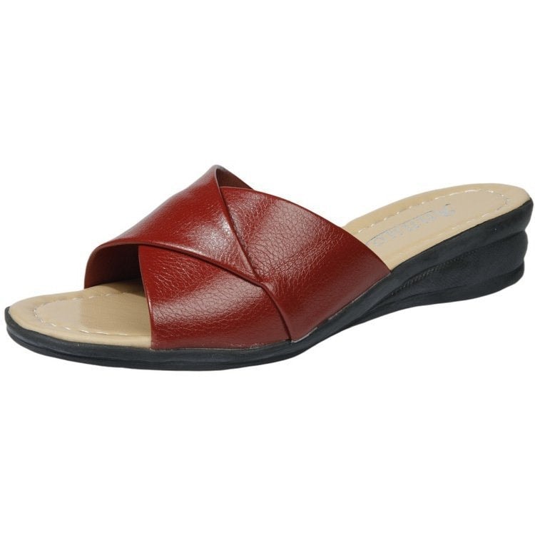 Comfortable Slide Sandals with Crossed Straps and Low Wedge Heel
