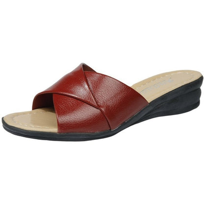 Comfortable Slide Sandals with Crossed Straps and Low Wedge Heel