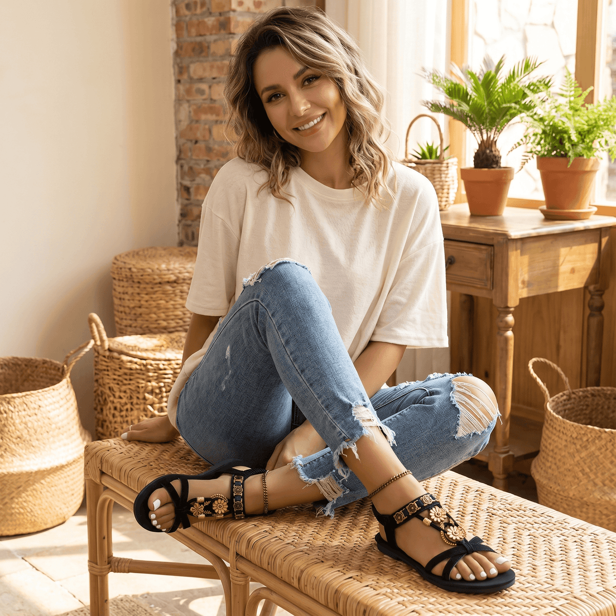Boho Beaded Flat Sandals with Cushioned Footbed for Women