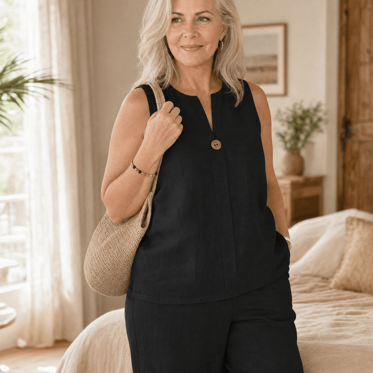 Women's Sleeveless Linen Top with Wide-Leg Tailored Trouser Set