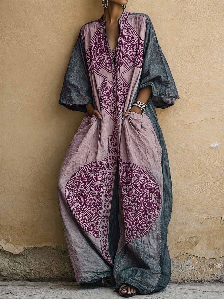 Women's Wide-Leg Linen Jumpsuit with V-Neck and Ethnic Print