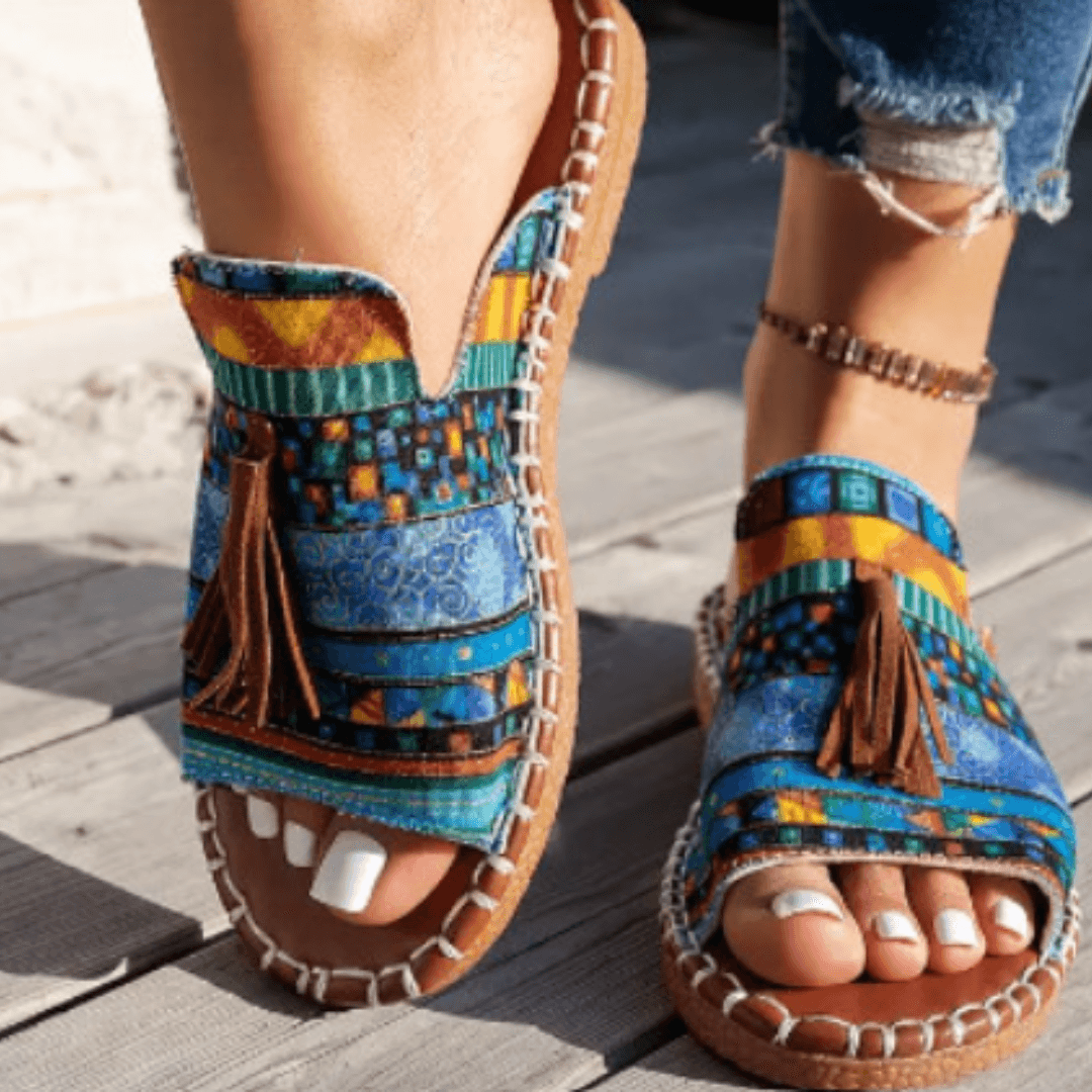Naomi Kirkland Woven Cushioned Sandals with Boho Tassel Detail for Women