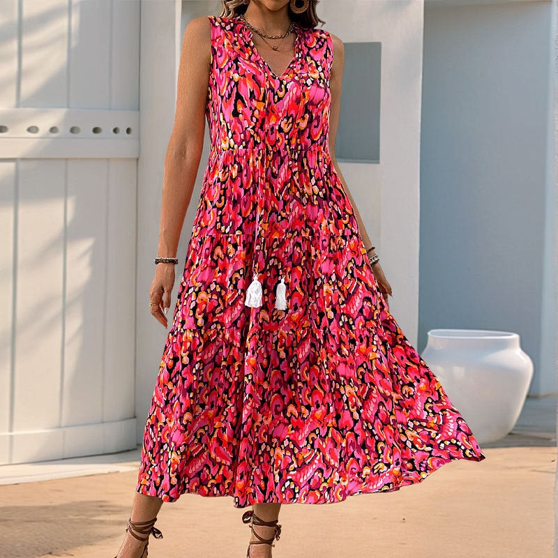 Aurora Sleeveless Tiered V-Neck Tassel-Tie Rayon Abstract Print Women's Summer Midi Dress