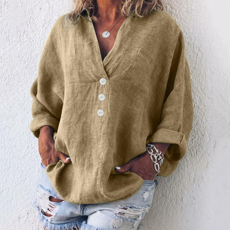Women's Long Sleeve Button-Up Polyester Blouse with Chest Pocket