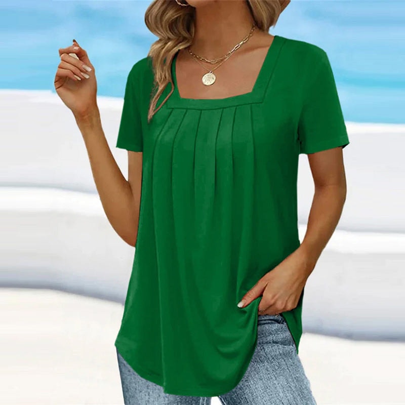 Athena Square Neck Pleated Women's Blouse with Short Sleeves
