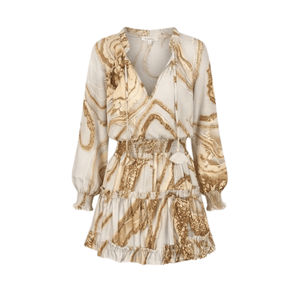 Printed V-Neck Ruffle Mini Dress with Lantern Sleeves for Women