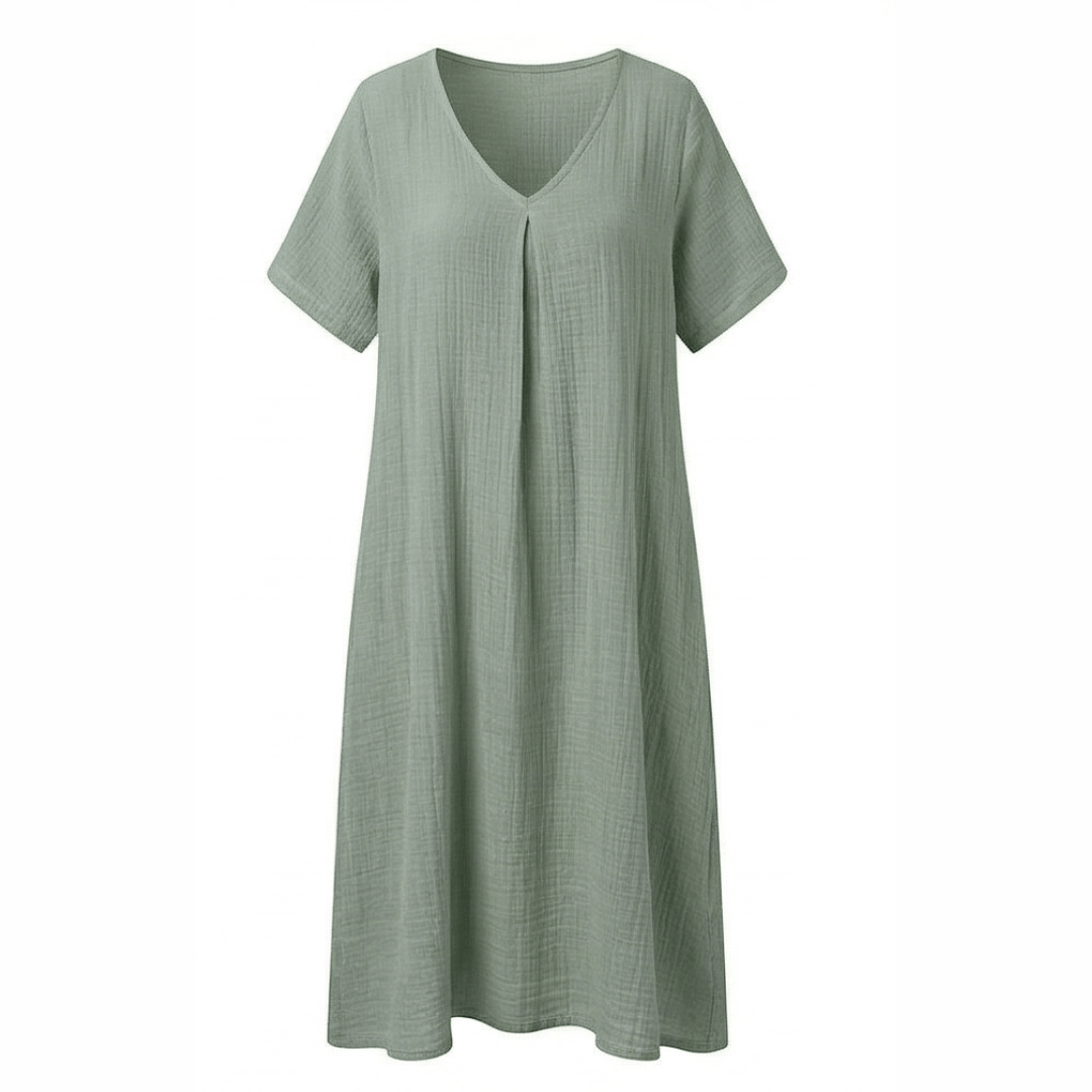 Women's Cotton Linen V-Neck Midi Summer Dress with Short Sleeves