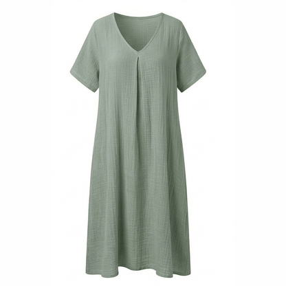 Women's Cotton Linen V-Neck Midi Summer Dress with Short Sleeves