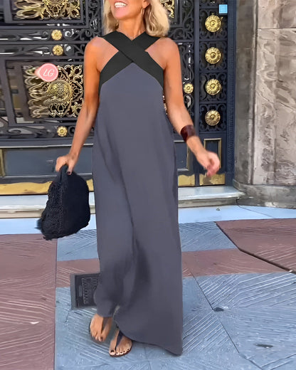 Sleeveless Crossover Halter Linen Summer Maxi Dress with Flowing Skirt