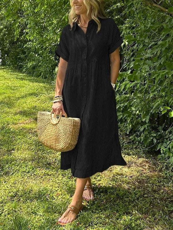 Women's Striped Cotton Shirt Collar Midi Dress with Short Sleeves