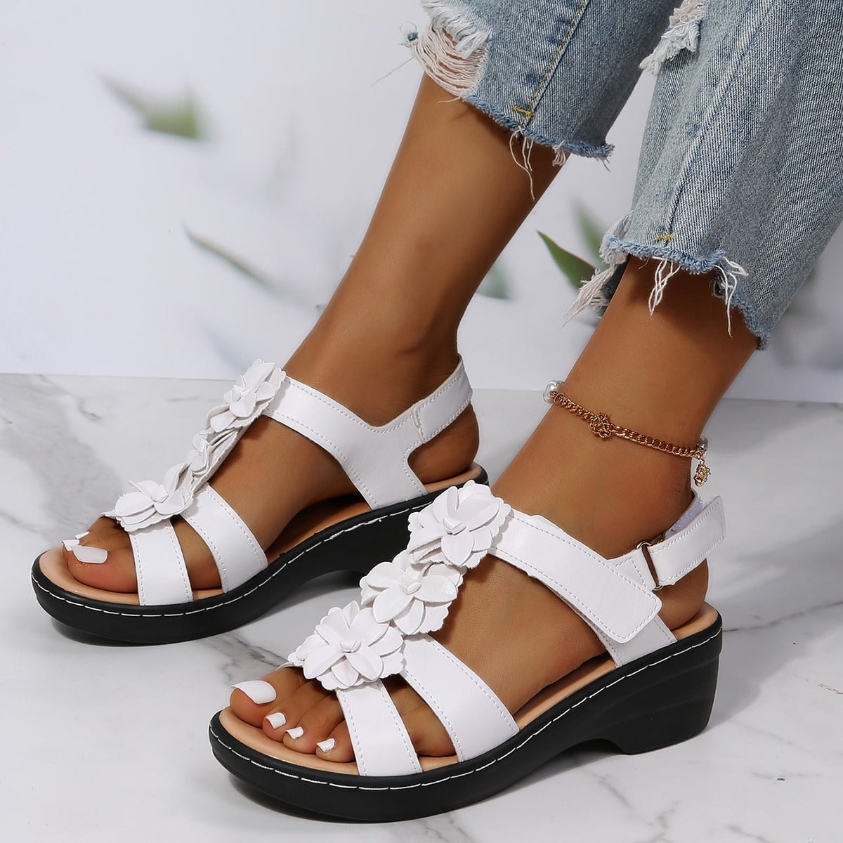 Sandie Comfortable Orthopedic Wedge Sandals with Floral Detail and Adjustable Straps