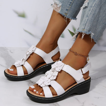 Sandie Comfortable Orthopedic Wedge Sandals with Floral Detail and Adjustable Straps