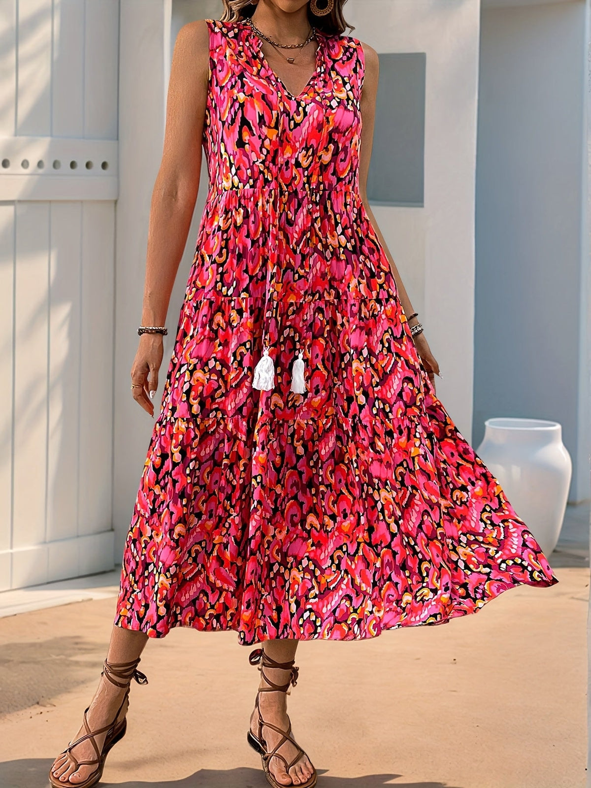 Women's Tiered Sleeveless Boho Maxi Dress with Tie Neck