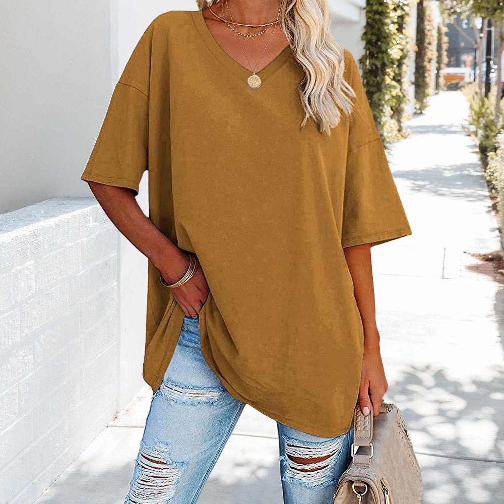 Oversized Cotton V-Neck Short Sleeve Top for Women