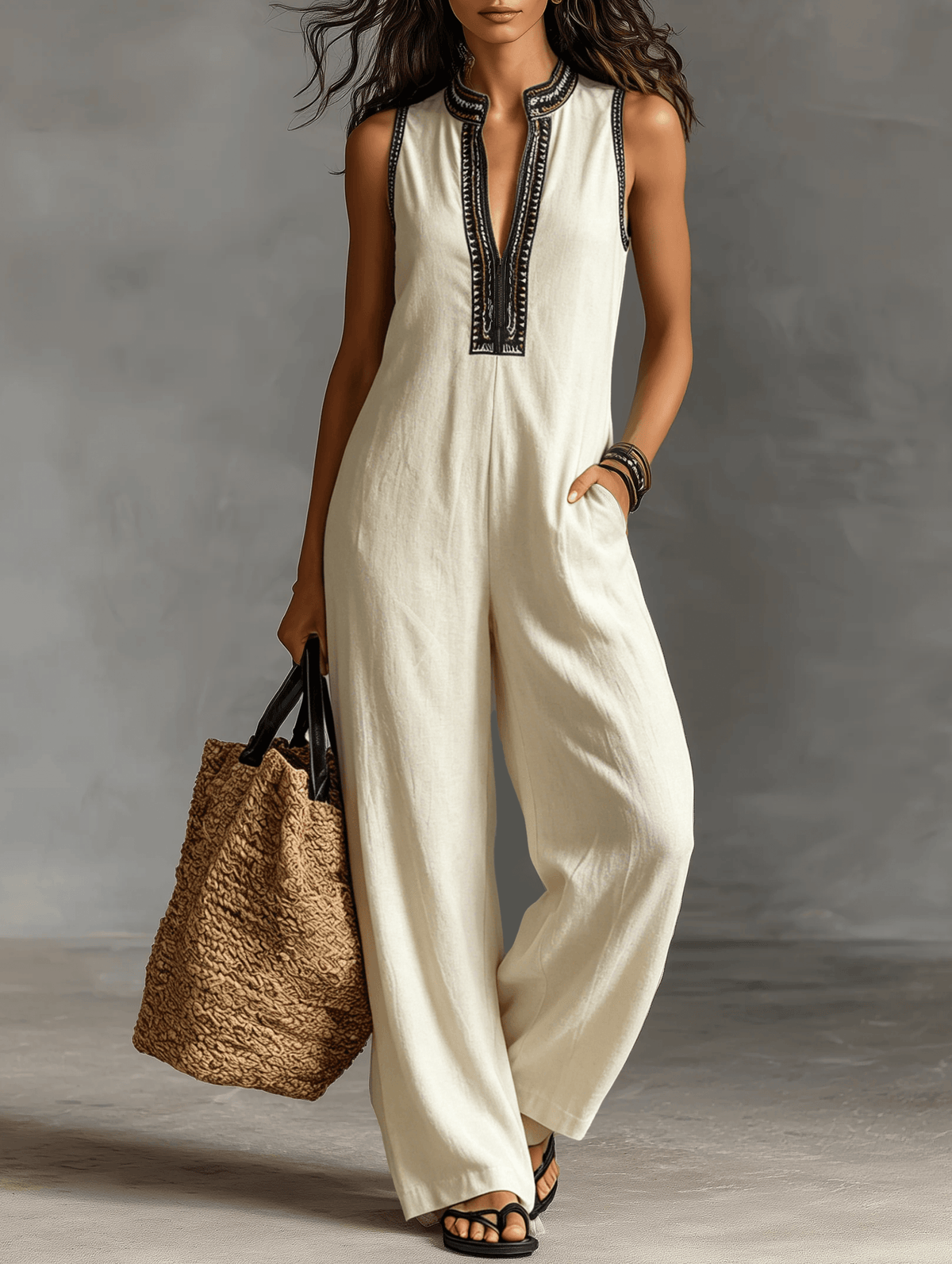 Women's Embroidered Stand Collar Sleeveless Linen Jumpsuit